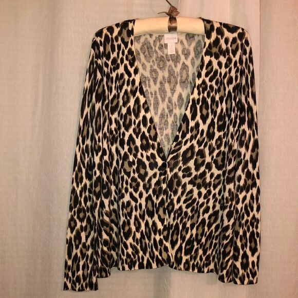 Chico’s M Brown Cream Tan Leopard Print One Button Long Sleeve Knit Cardigan - Picture 1 of 15